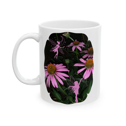 Ceramic Mug (11oz, 15oz) - Healing Echinacea Pink Blossoms and Fairies Midnight Garden
