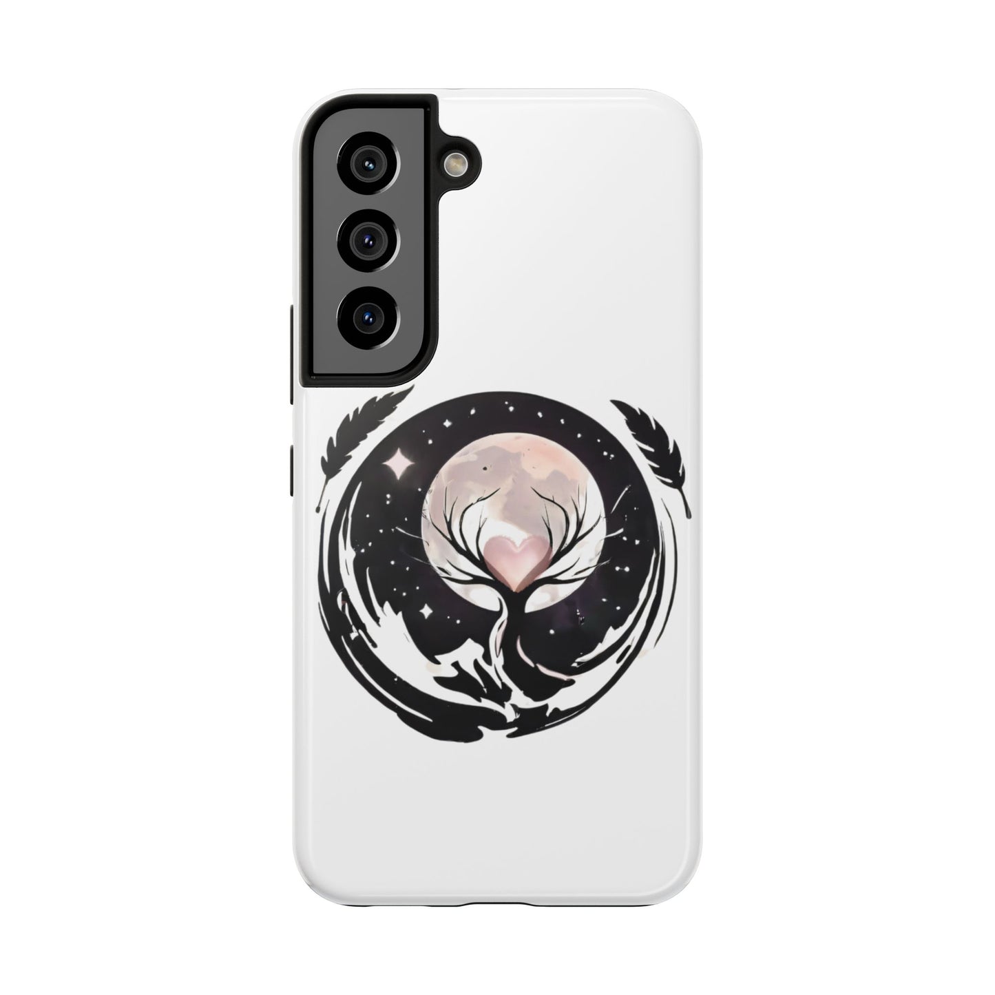 Phone Case - Pink Moon and Heart Nightscape Design, Romantic Whimsical