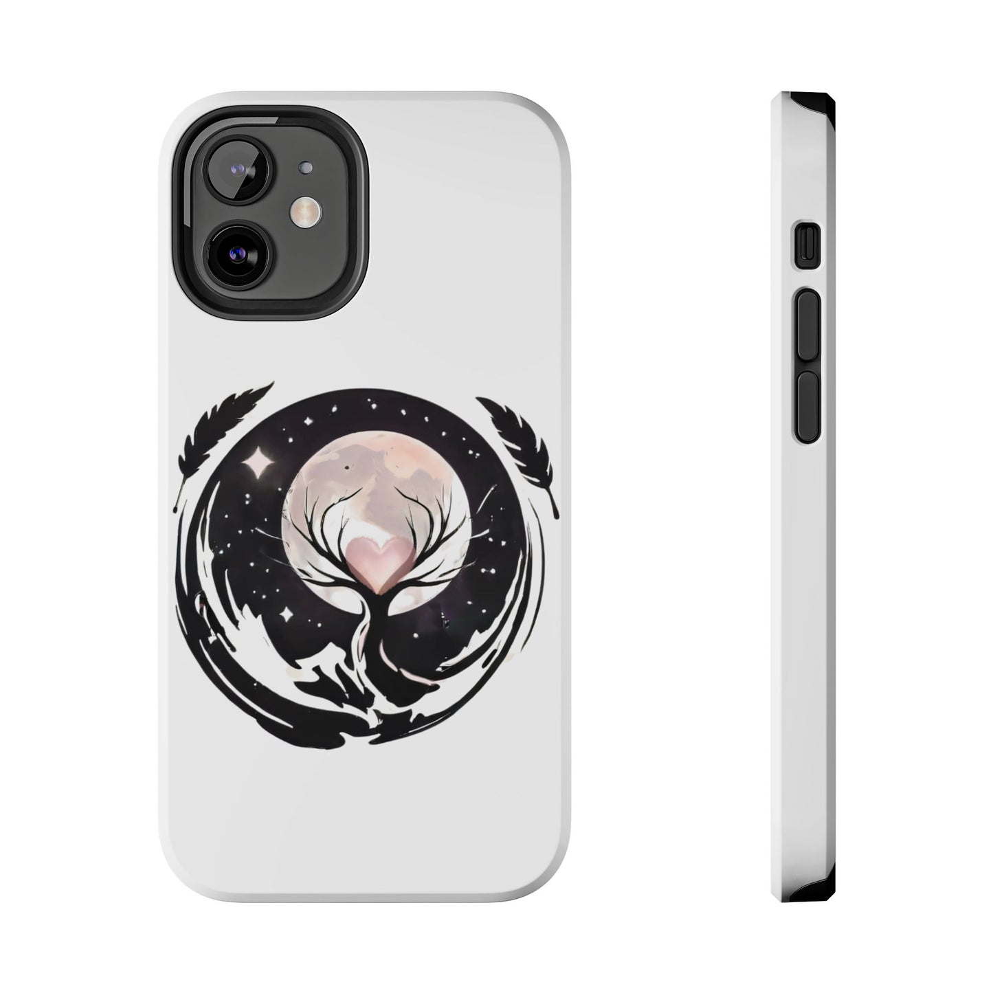 Phone Case - Pink Moon and Heart Nightscape Design, Romantic Whimsical