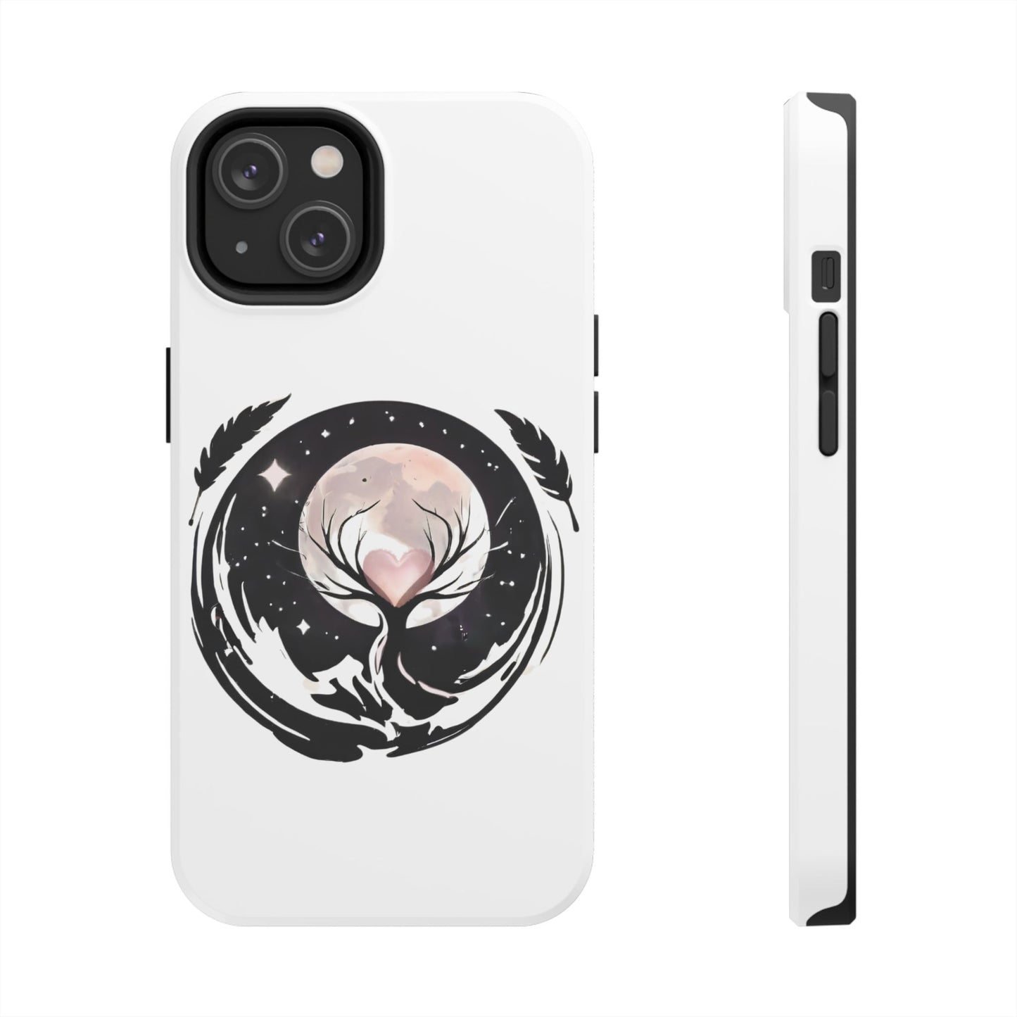 Phone Case - Pink Moon and Heart Nightscape Design, Romantic Whimsical