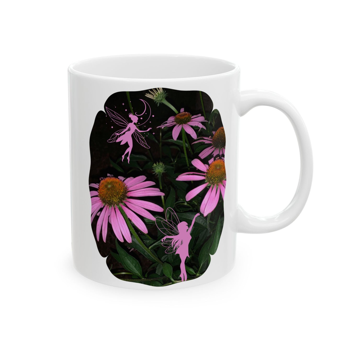 Ceramic Mug (11oz, 15oz) - Healing Echinacea Pink Blossoms and Fairies Midnight Garden