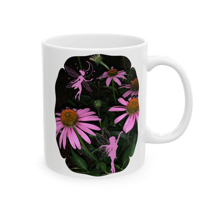 Ceramic Mug (11oz, 15oz) - Healing Echinacea Pink Blossoms and Fairies Midnight Garden