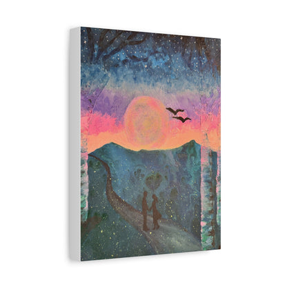 Canvas Wall Art - Enchanting Glowing Moon and Stars with Loving Couple and Fireflies Design