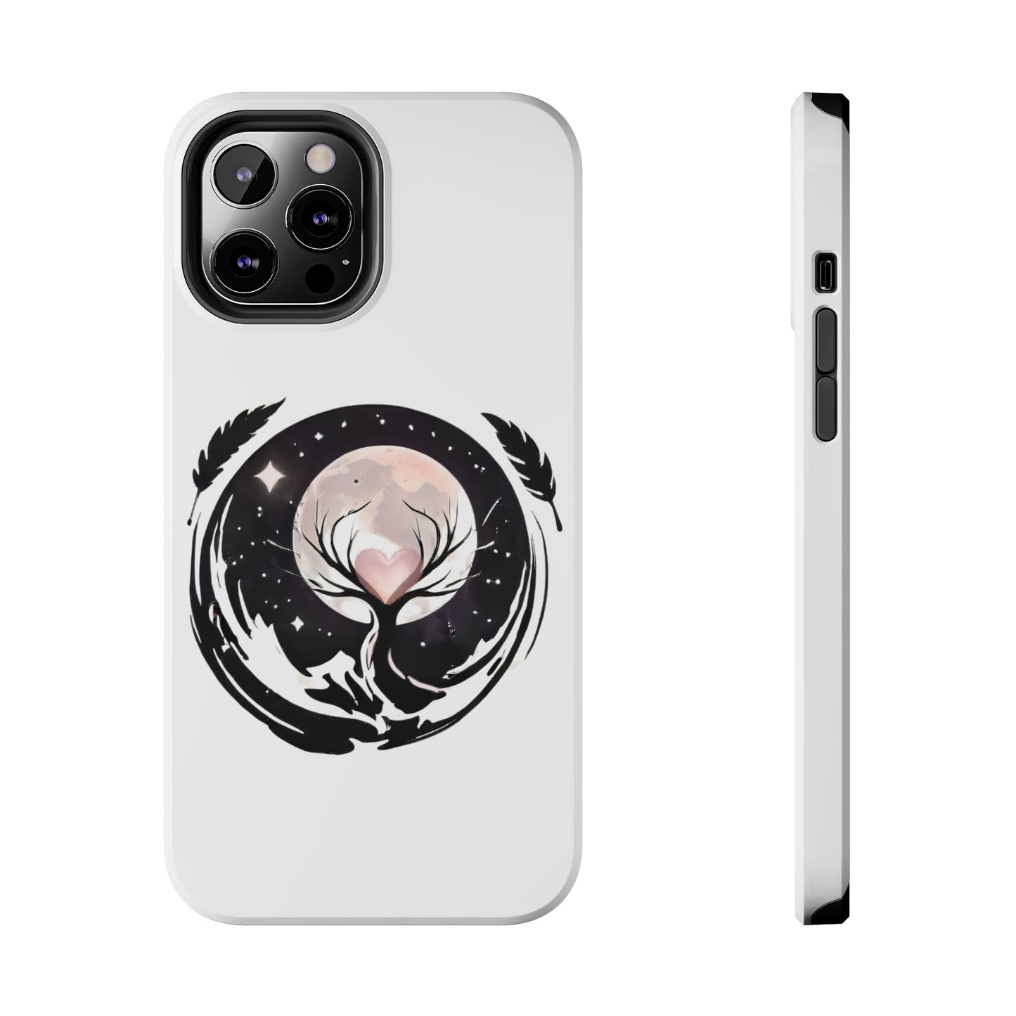 Phone Case - Pink Moon and Heart Nightscape Design, Romantic Whimsical