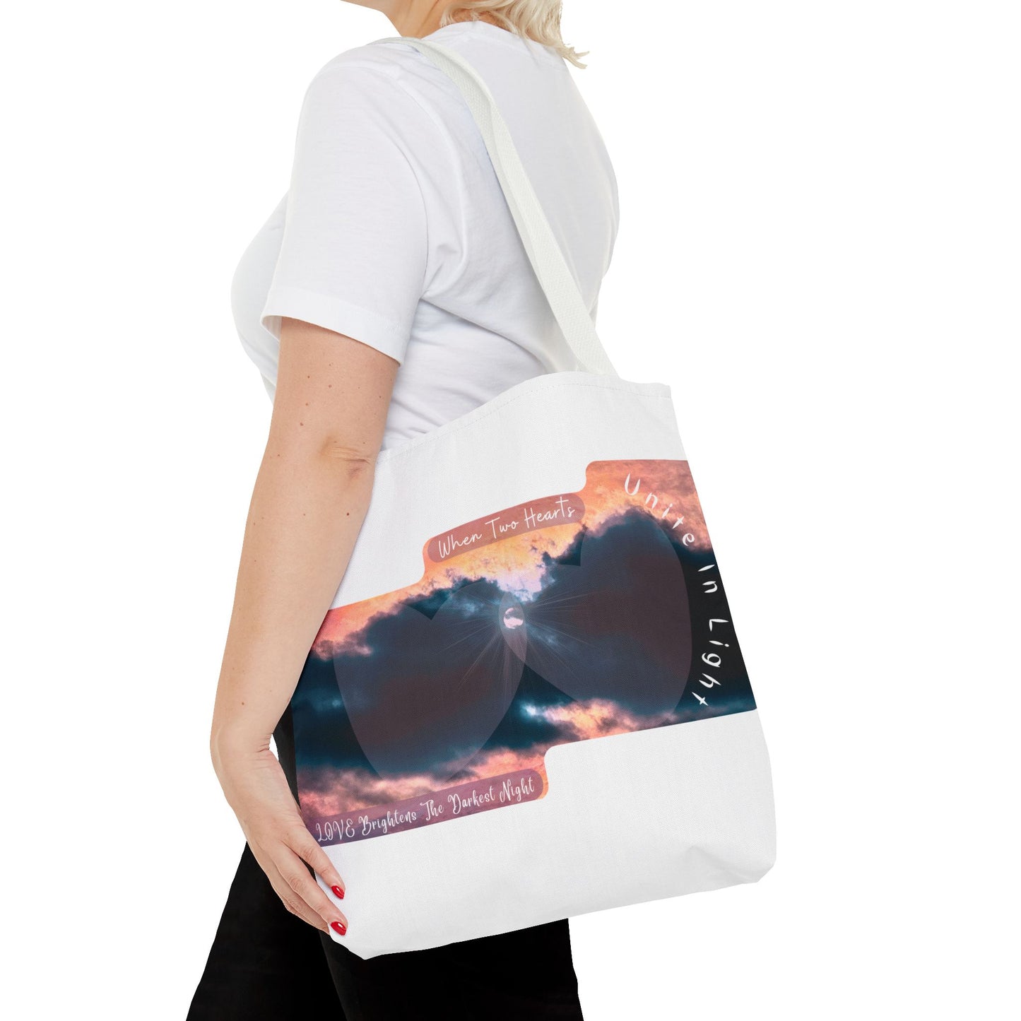 Inspirational Stormy Sky Tote Bag — "When Two Hearts Unite in Light"