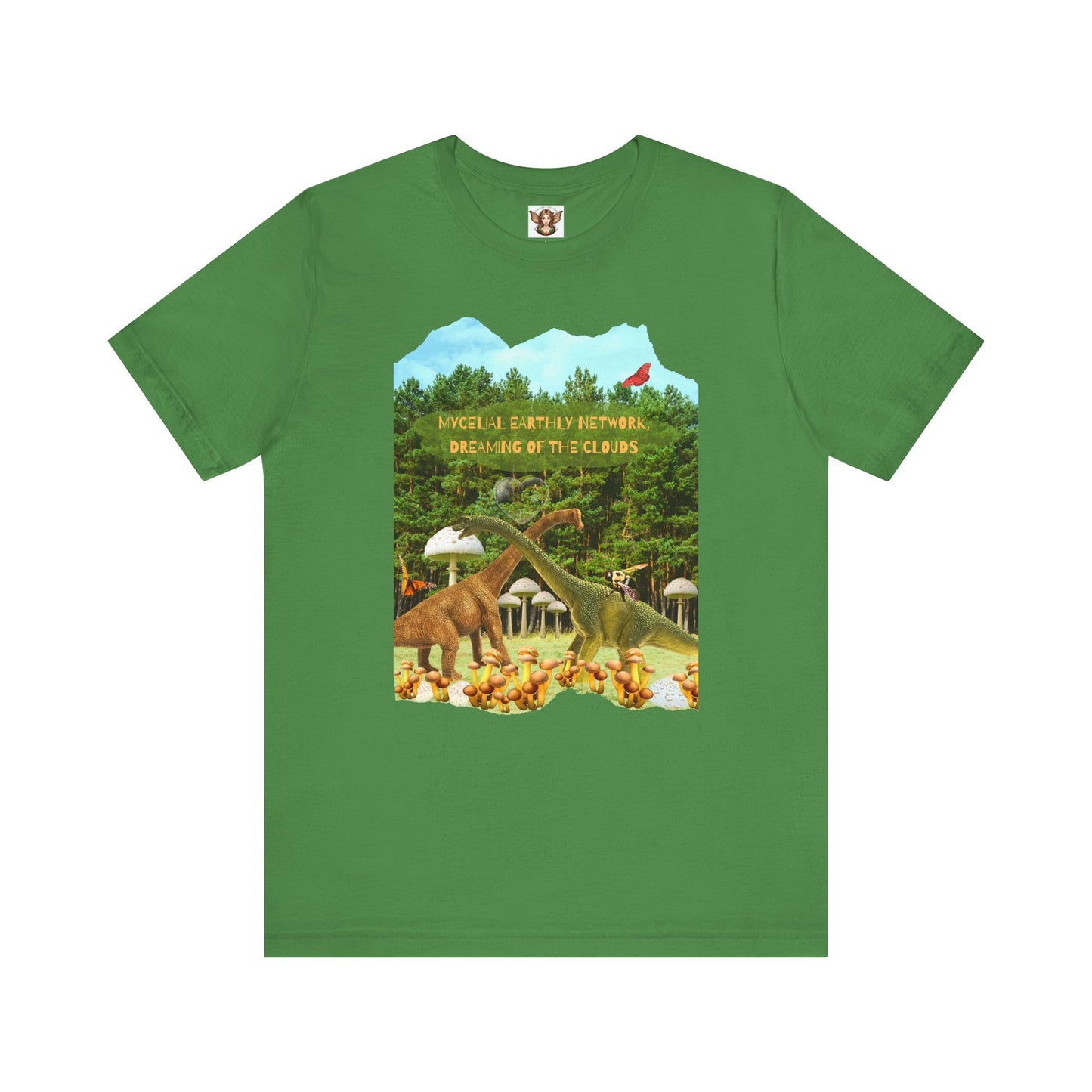 Short Sleeve Tee - Whimsical Dinosaur Forest Design, Mycelial Earthly Network Quote
