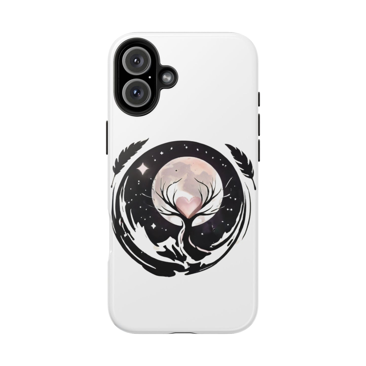 Phone Case - Pink Moon and Heart Nightscape Design, Romantic Whimsical