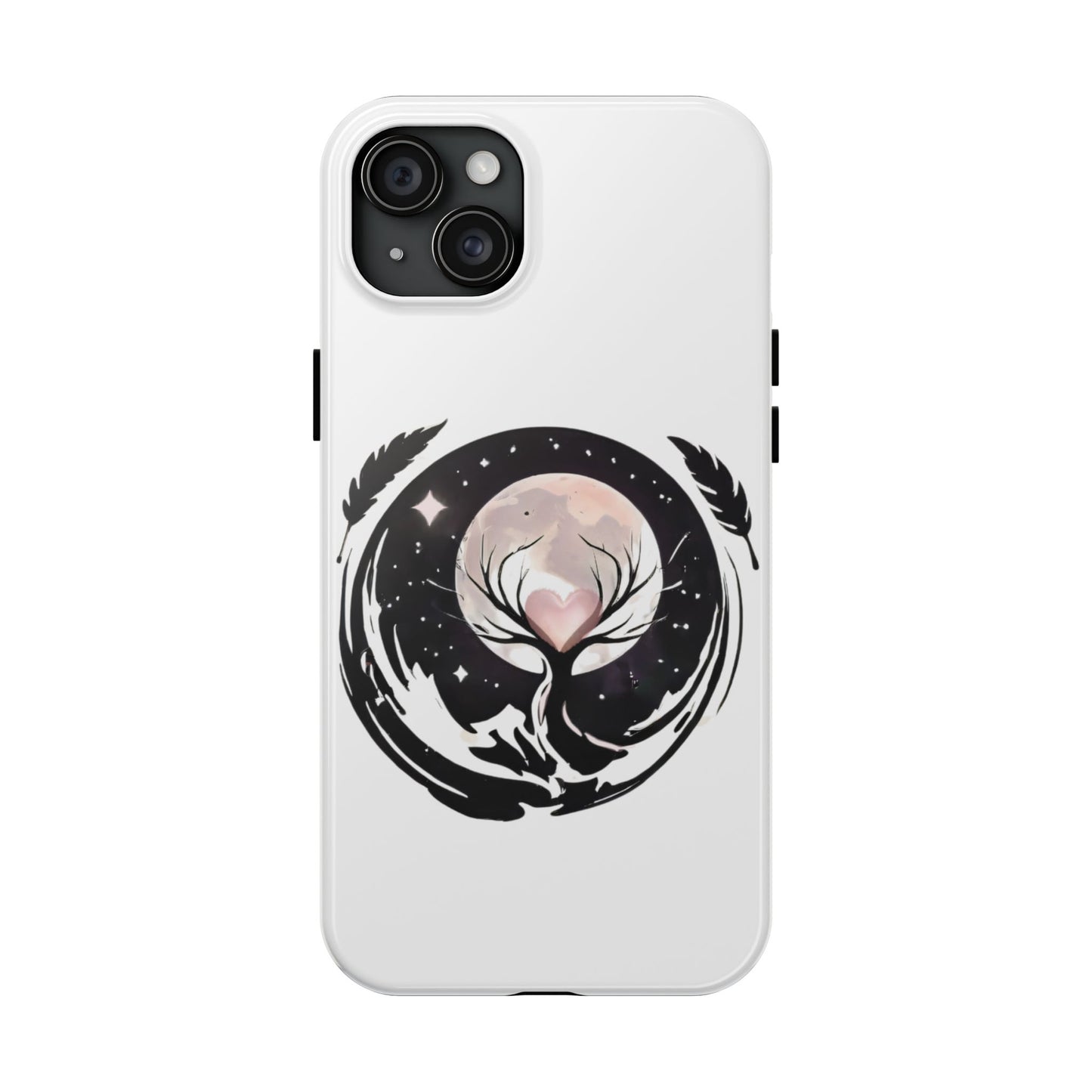 Phone Case - Pink Moon and Heart Nightscape Design, Romantic Whimsical