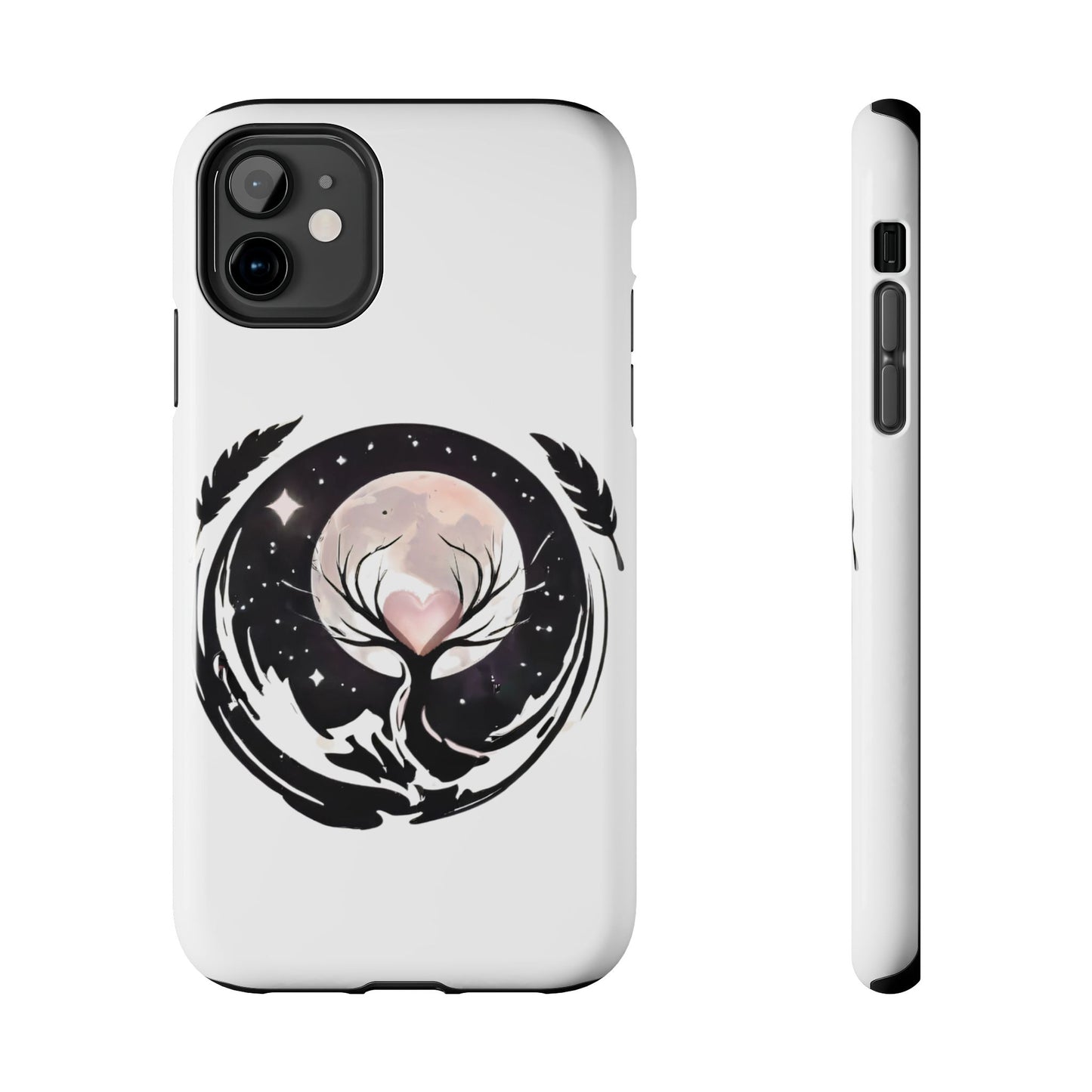 Phone Case - Pink Moon and Heart Nightscape Design, Romantic Whimsical