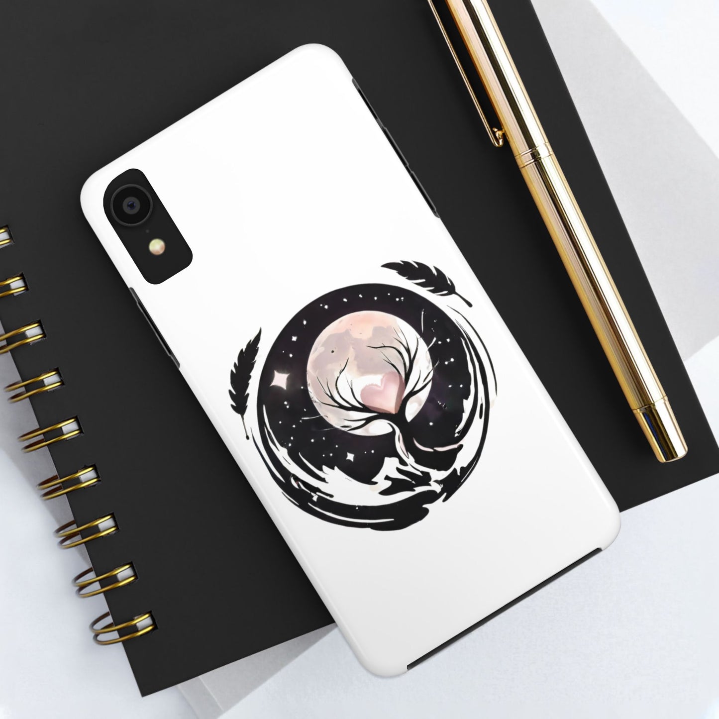 Phone Case - Pink Moon and Heart Nightscape Design, Romantic Whimsical
