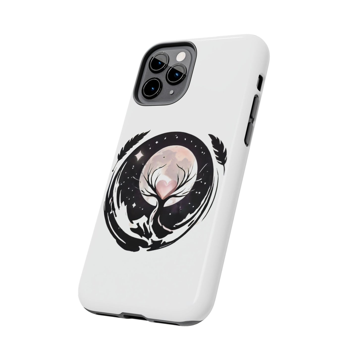 Phone Case - Pink Moon and Heart Nightscape Design, Romantic Whimsical
