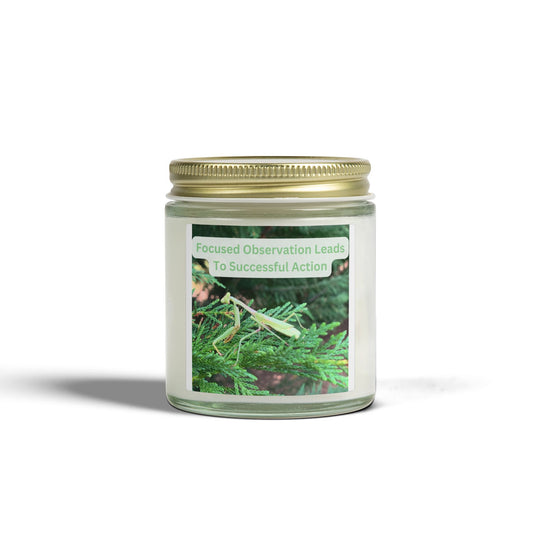Candle Featuring A Mantis And Quote About Success