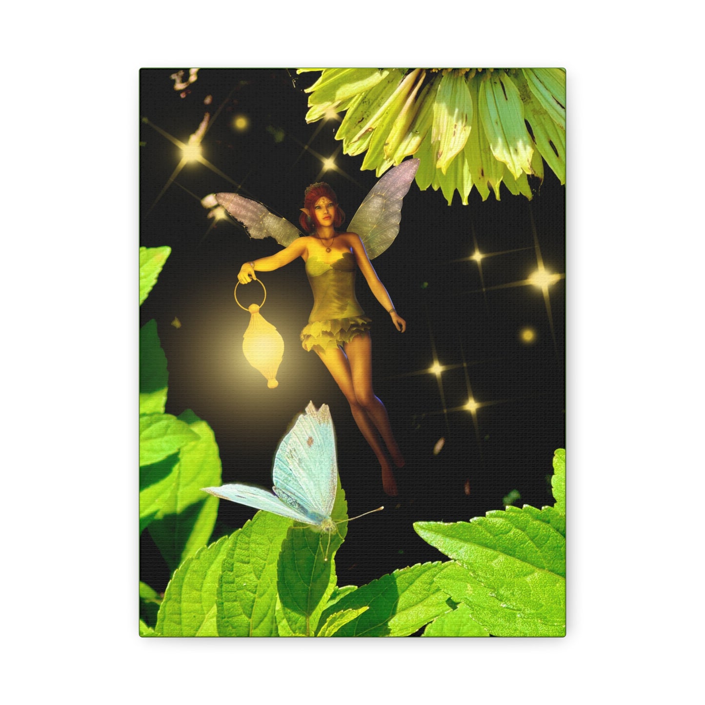 Fairy And Blue Butterfly In A Flower Garden- Canvas Wall Art