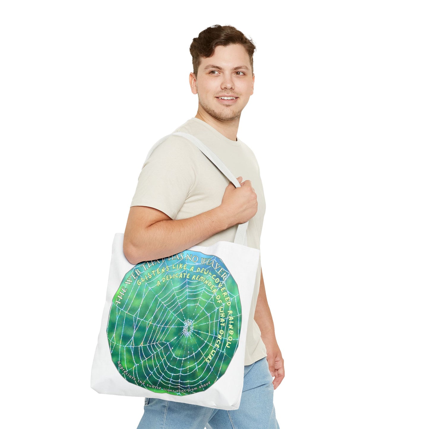 Nature-Themed Tote Bag- Featuring A Glistening Web And Poetry