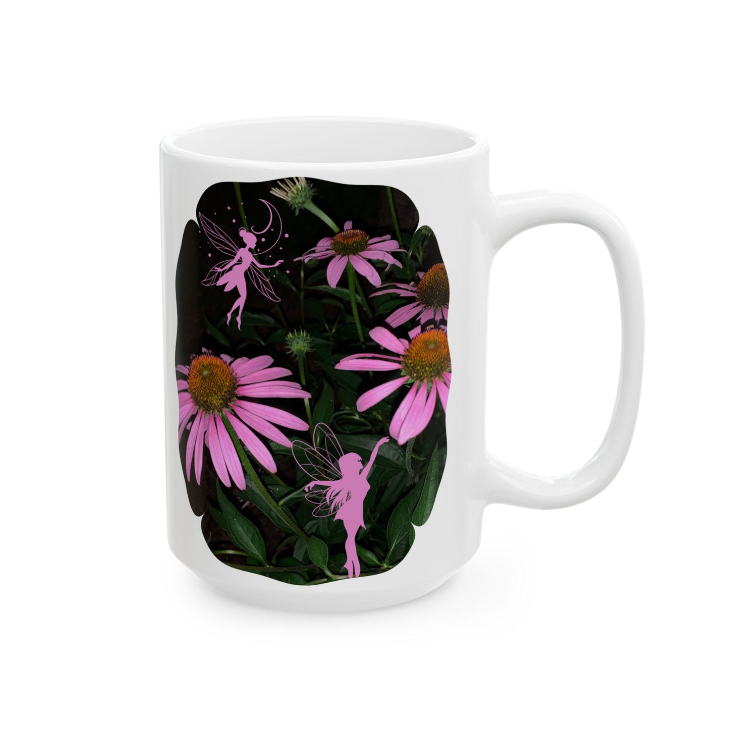 Ceramic Mug (11oz, 15oz) - Healing Echinacea Pink Blossoms and Fairies Midnight Garden