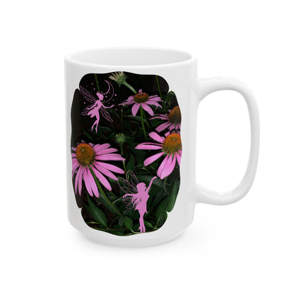 Ceramic Mug (11oz, 15oz) - Healing Echinacea Pink Blossoms and Fairies Midnight Garden
