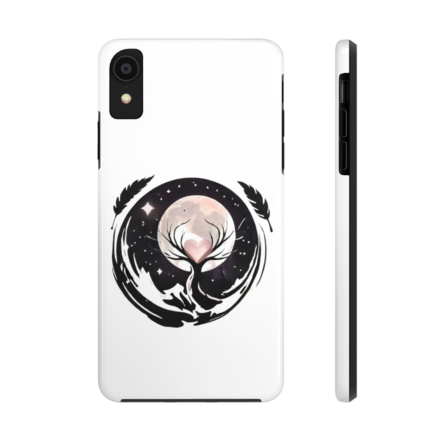 Phone Case - Pink Moon and Heart Nightscape Design, Romantic Whimsical