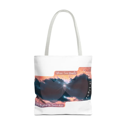 Inspirational Stormy Sky Tote Bag — "When Two Hearts Unite in Light"