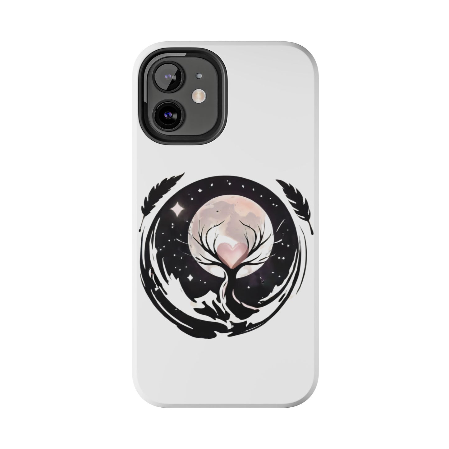 Phone Case - Pink Moon and Heart Nightscape Design, Romantic Whimsical
