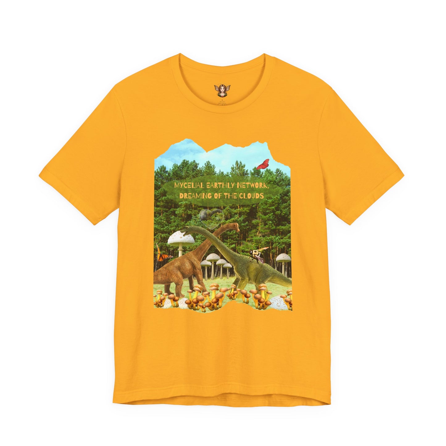 Short Sleeve Tee - Whimsical Dinosaur Forest Design, Mycelial Earthly Network Quote