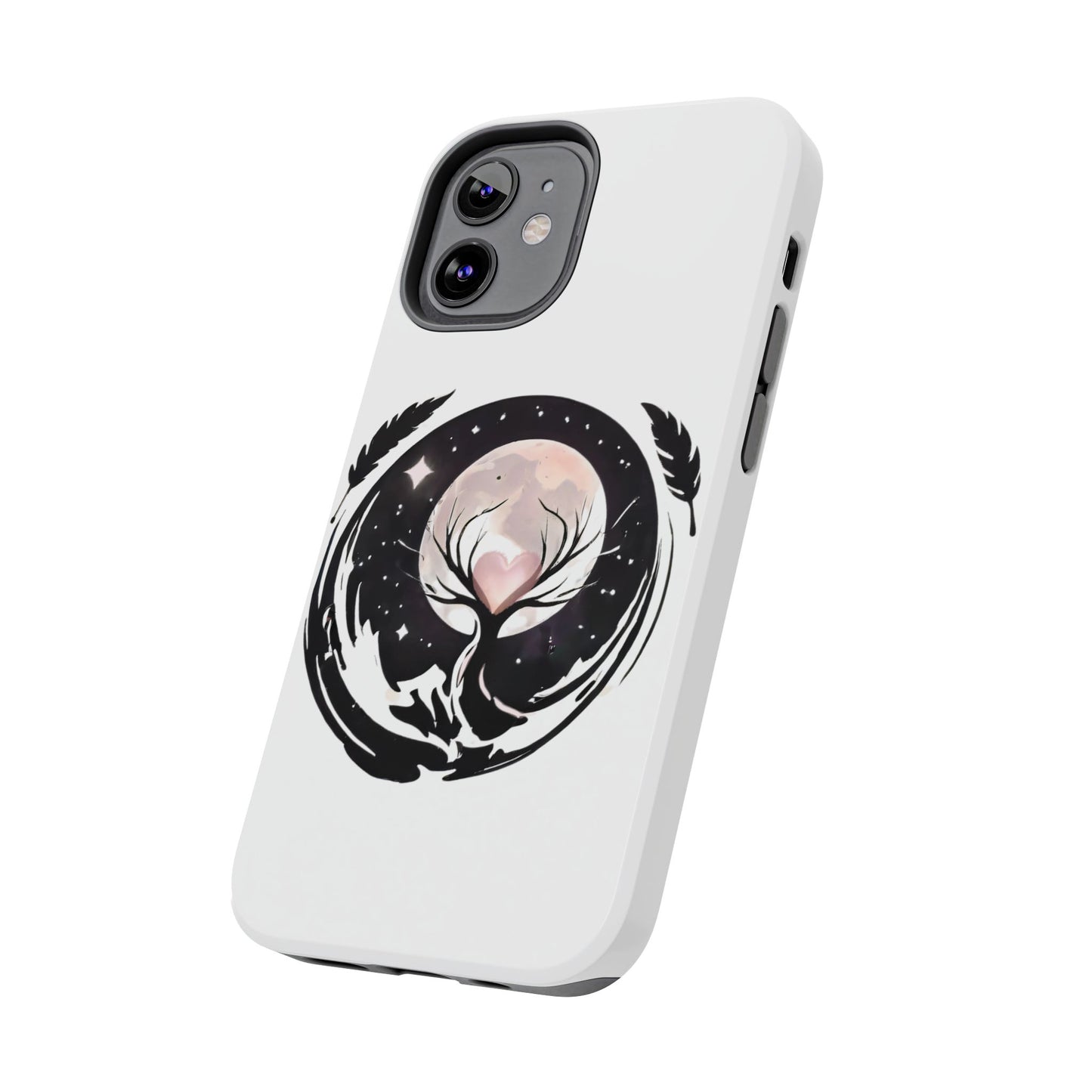 Phone Case - Pink Moon and Heart Nightscape Design, Romantic Whimsical