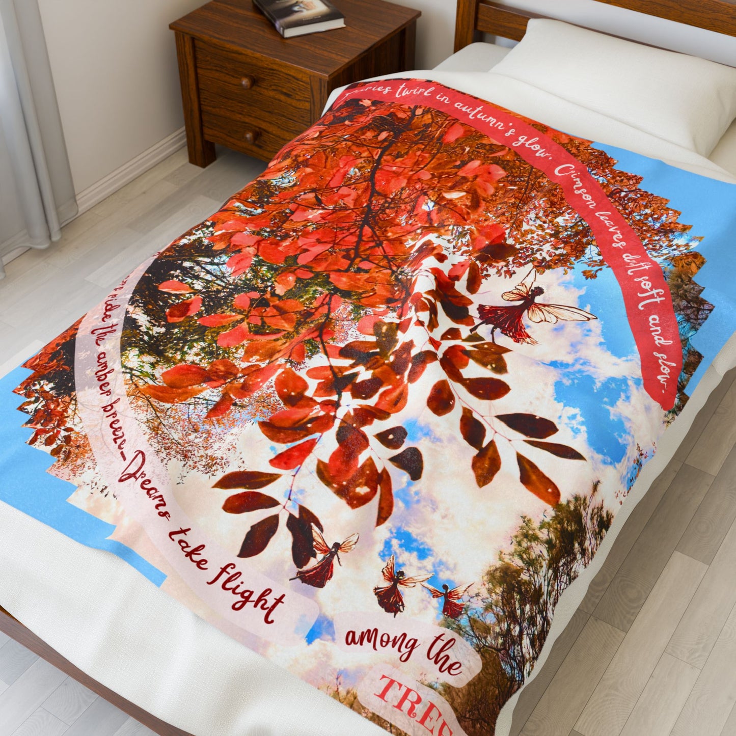 Velveteen Plush Blanket - Cozy Autumn Fairies and Crimson Leaves Design
