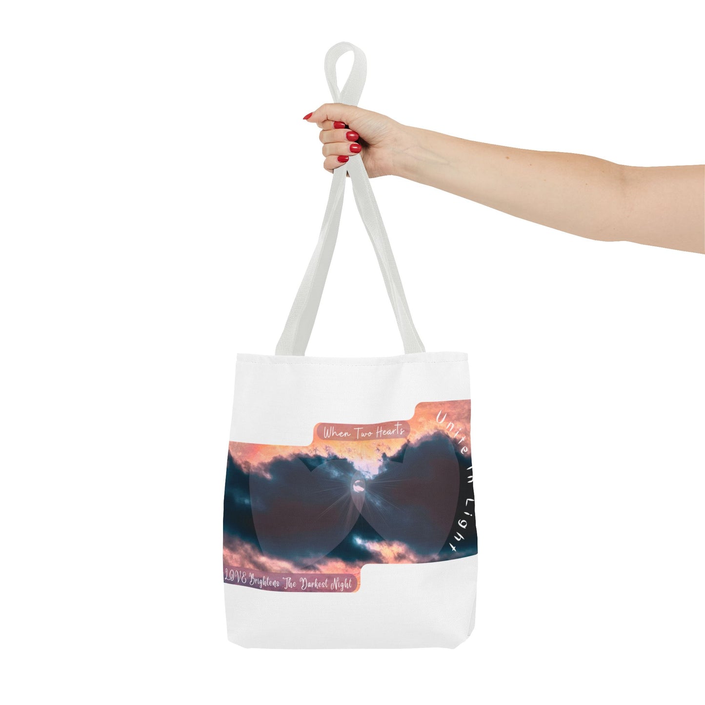Inspirational Stormy Sky Tote Bag — "When Two Hearts Unite in Light"