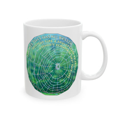 Nature-Themed Mug Featuring A Glistening Web And Poetry