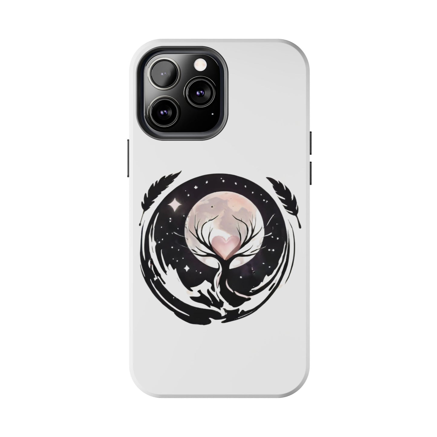 Phone Case - Pink Moon and Heart Nightscape Design, Romantic Whimsical