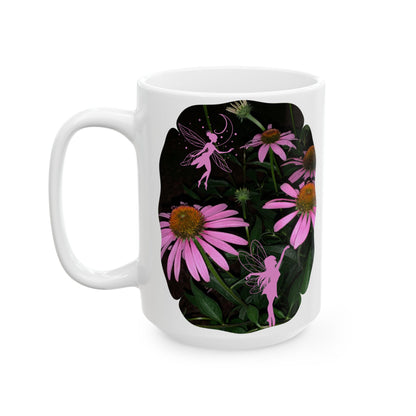 Ceramic Mug (11oz, 15oz) - Healing Echinacea Pink Blossoms and Fairies Midnight Garden