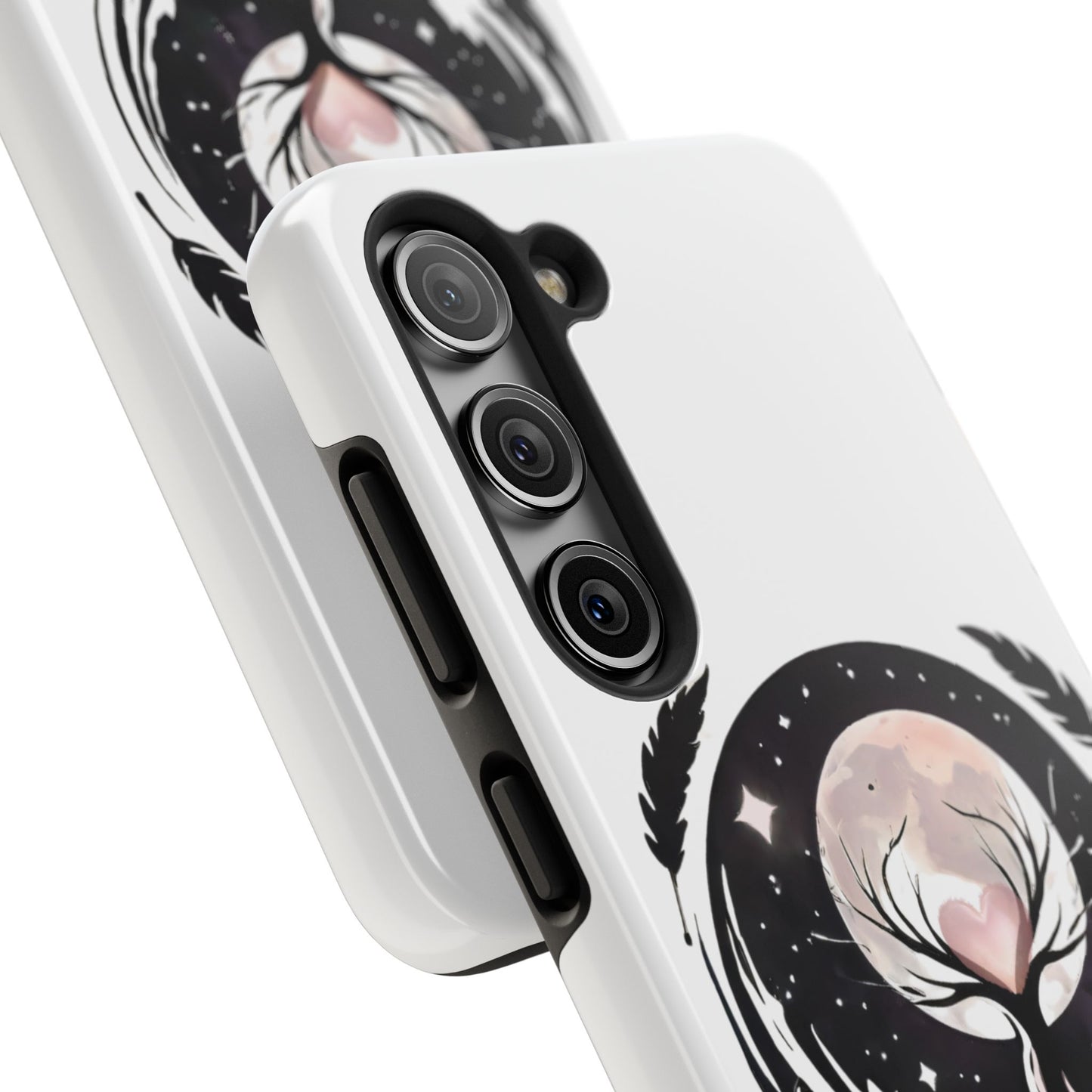 Phone Case - Pink Moon and Heart Nightscape Design, Romantic Whimsical