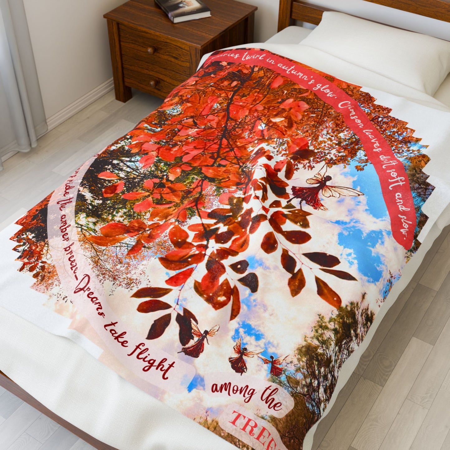 Velveteen Blanket - Cozy Autumn Fairies and Crimson Leaves Design