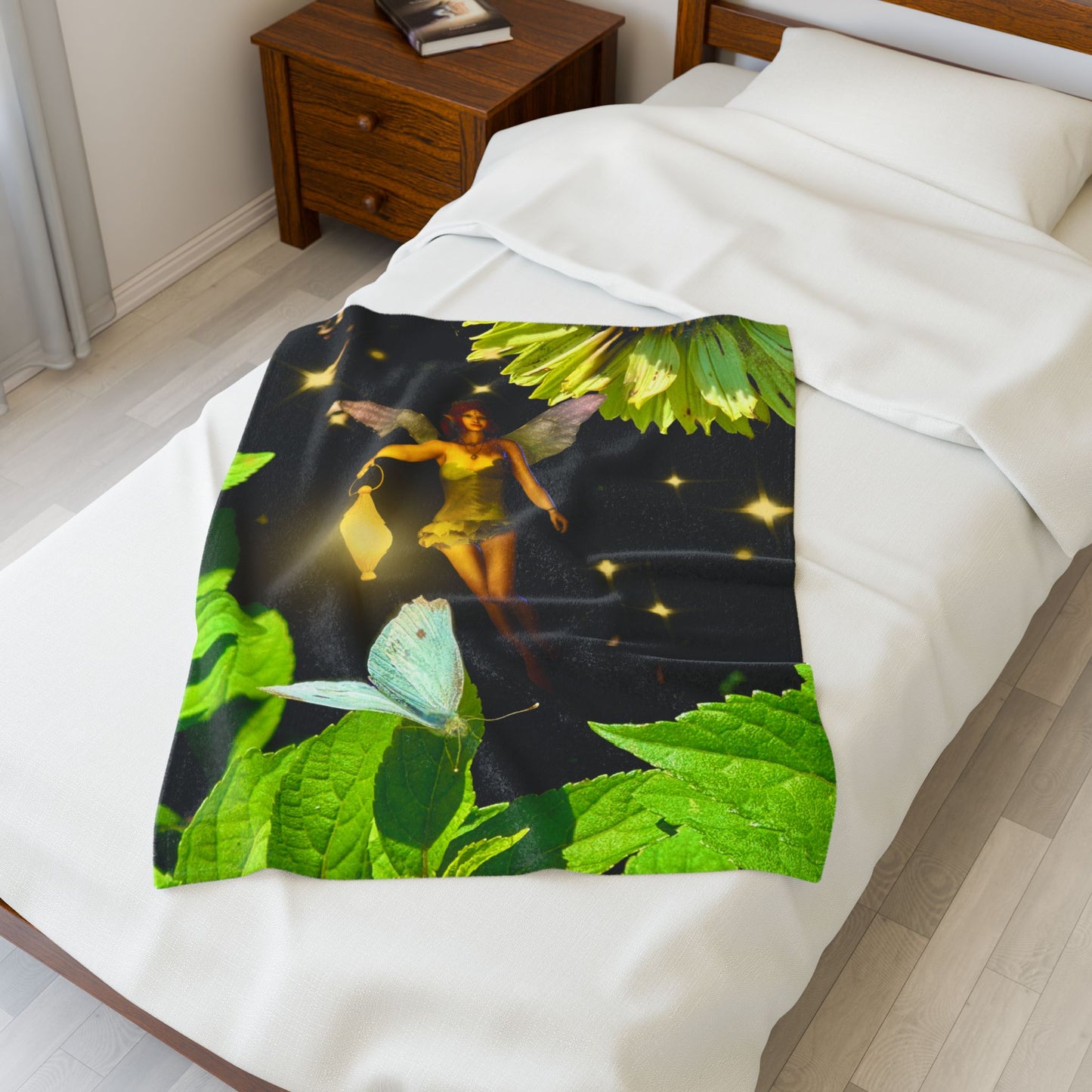 Fairy And Blue Butterfly In A Flower Garden- Velveteen Plush Blanket