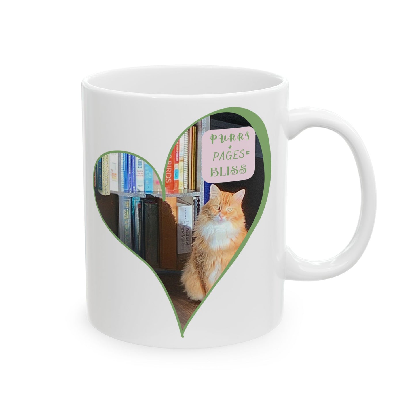Cat & Book Lover Ceramic Mug — "Purrs and Pages Equals Bliss" (11oz/15oz)
