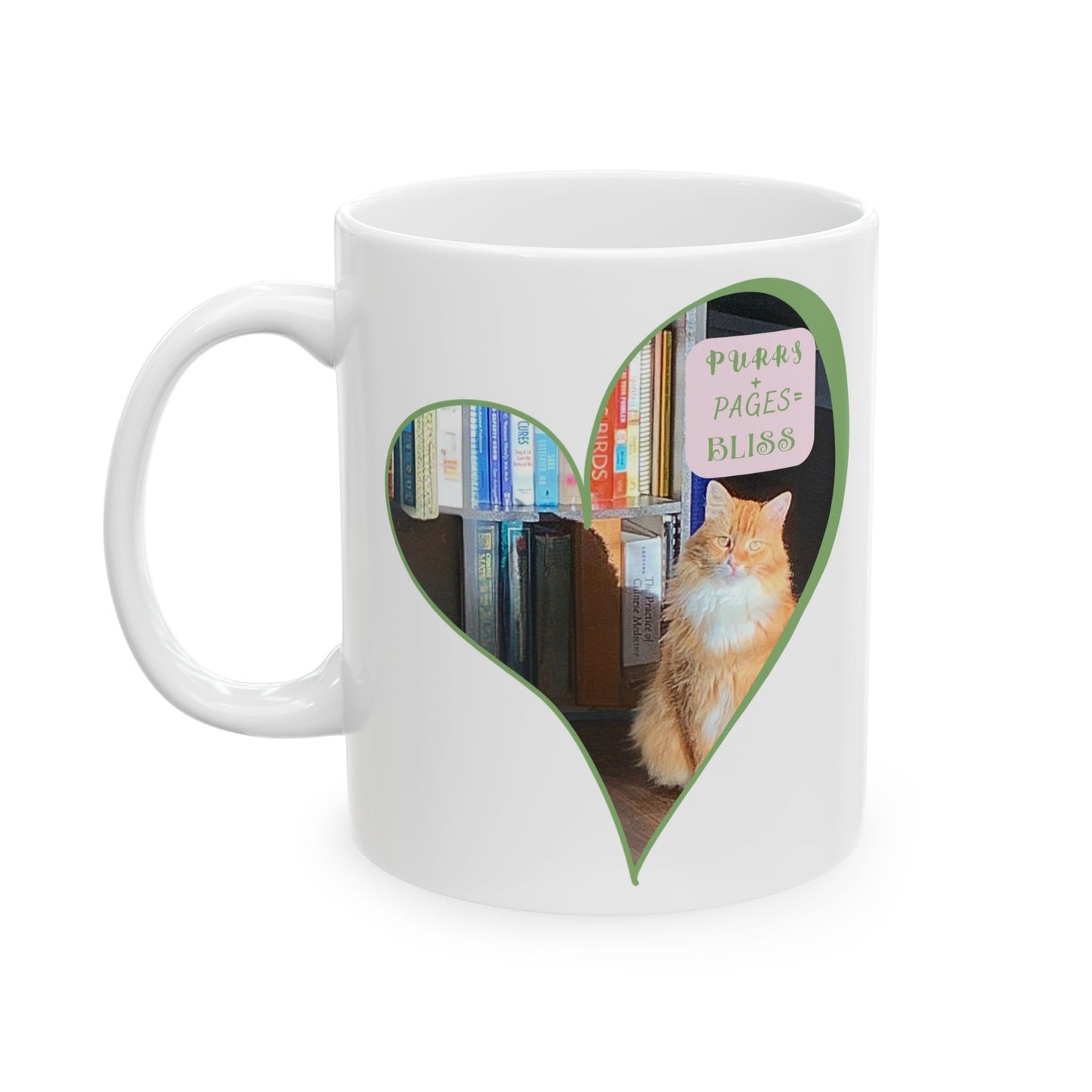 Cat & Book Lover Ceramic Mug — "Purrs and Pages Equals Bliss" (11oz/15oz)
