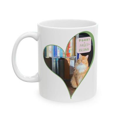 Cat & Book Lover Ceramic Mug — "Purrs and Pages Equals Bliss" (11oz/15oz)