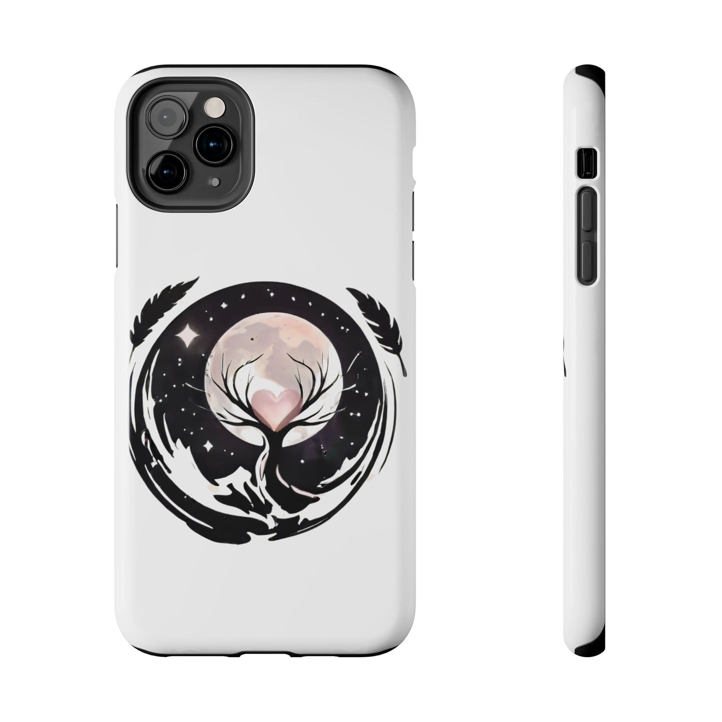 Phone Case - Pink Moon and Heart Nightscape Design, Romantic Whimsical