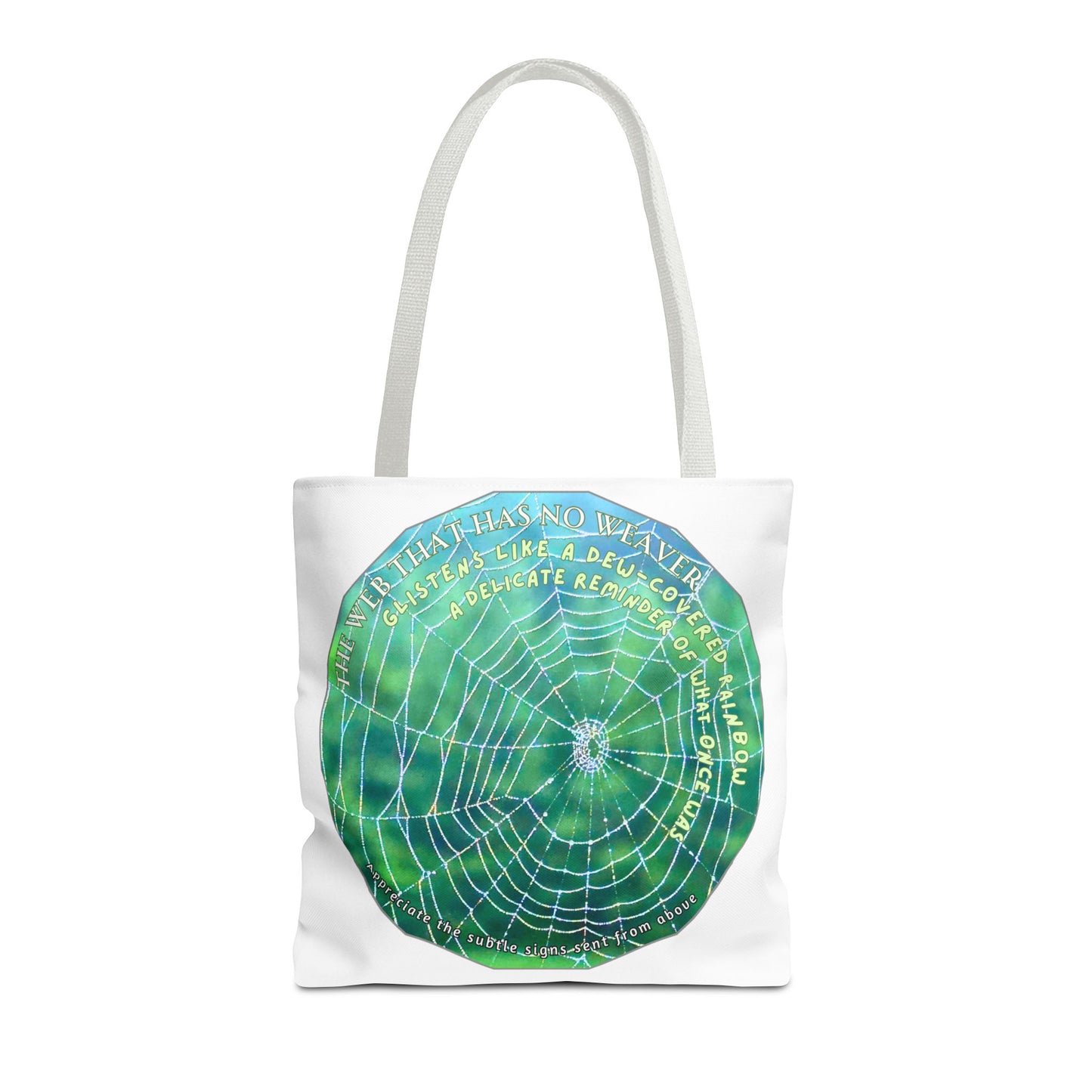 Nature-Themed Tote Bag- Featuring A Glistening Web And Poetry