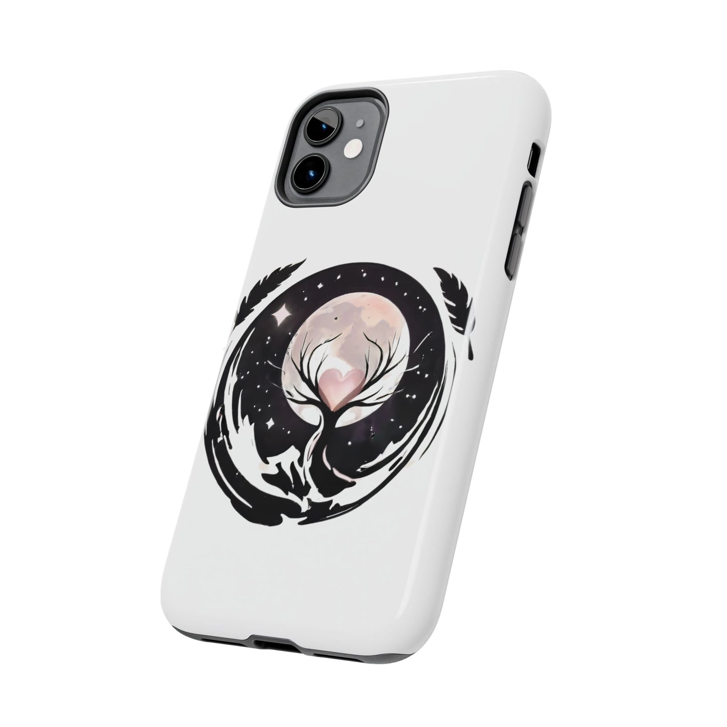Phone Case - Pink Moon and Heart Nightscape Design, Romantic Whimsical
