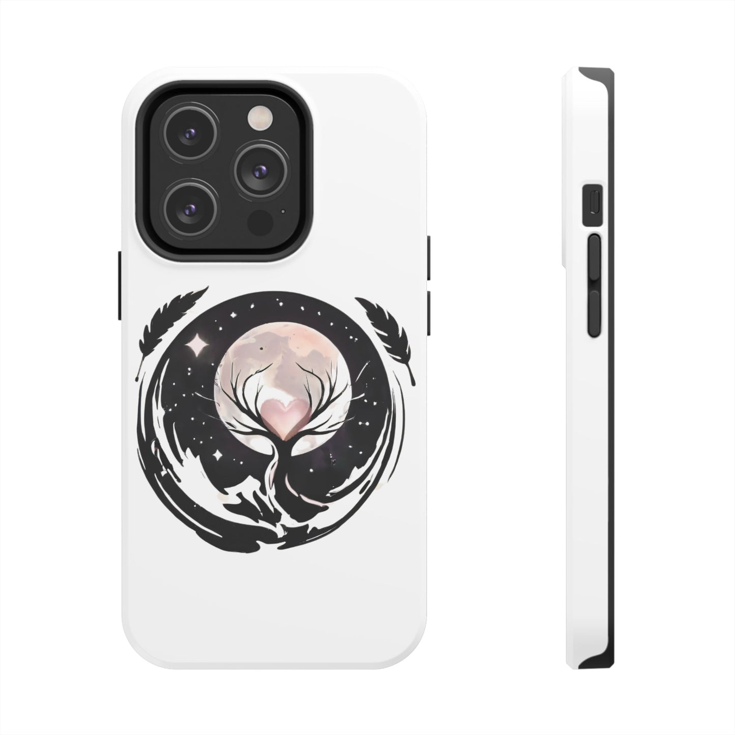 Phone Case - Pink Moon and Heart Nightscape Design, Romantic Whimsical
