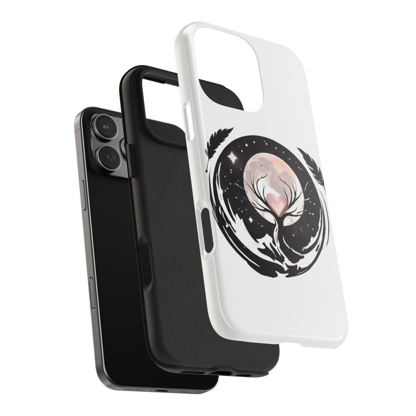 Phone Case - Pink Moon and Heart Nightscape Design, Romantic Whimsical