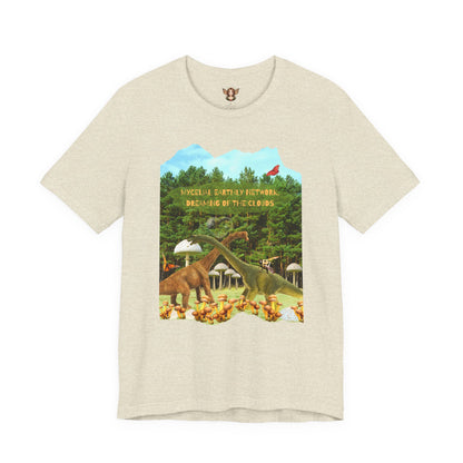 Short Sleeve Tee - Whimsical Dinosaur Forest Design, Mycelial Earthly Network Quote