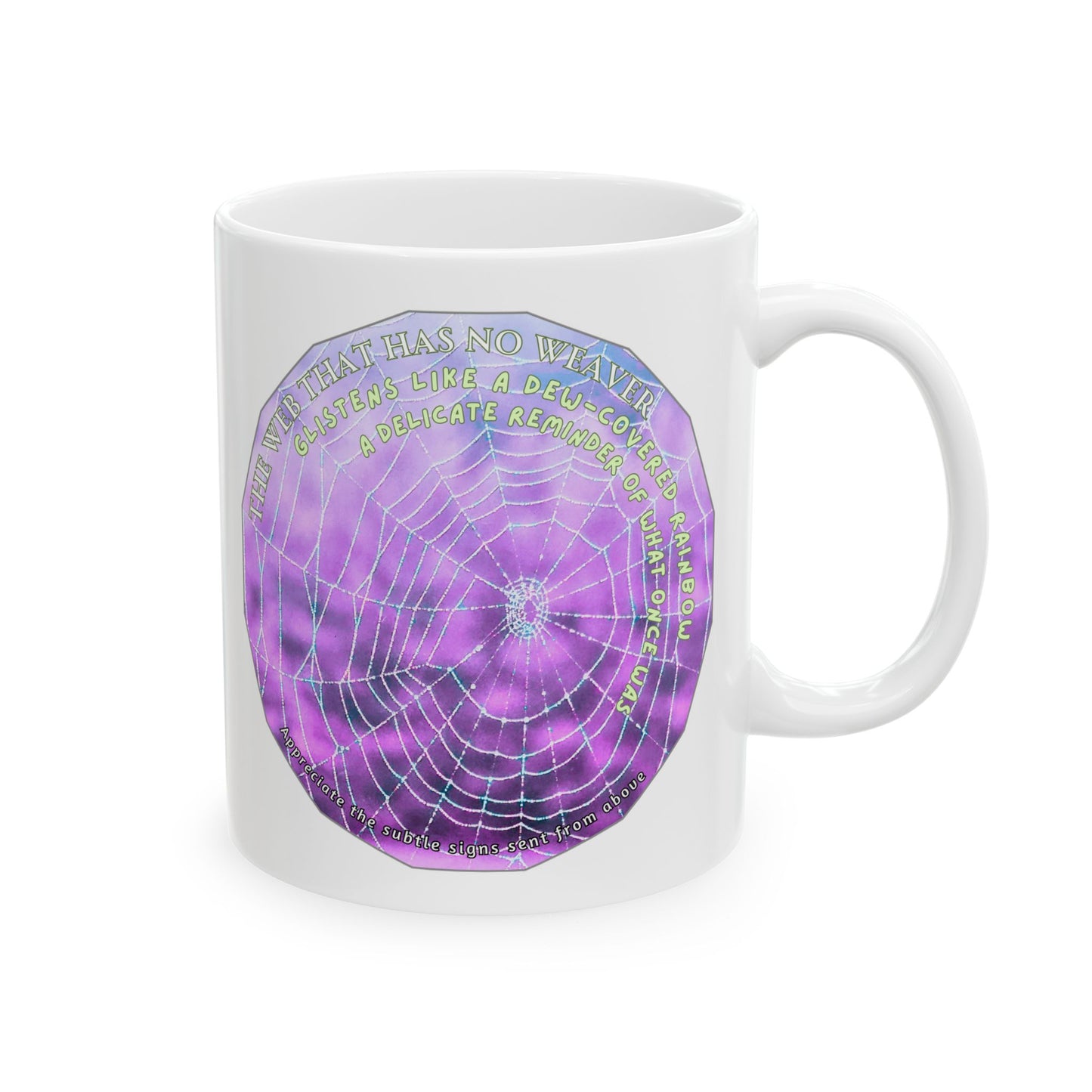 Nature-Themed Mug Featuring A Glistening Web And Poetry