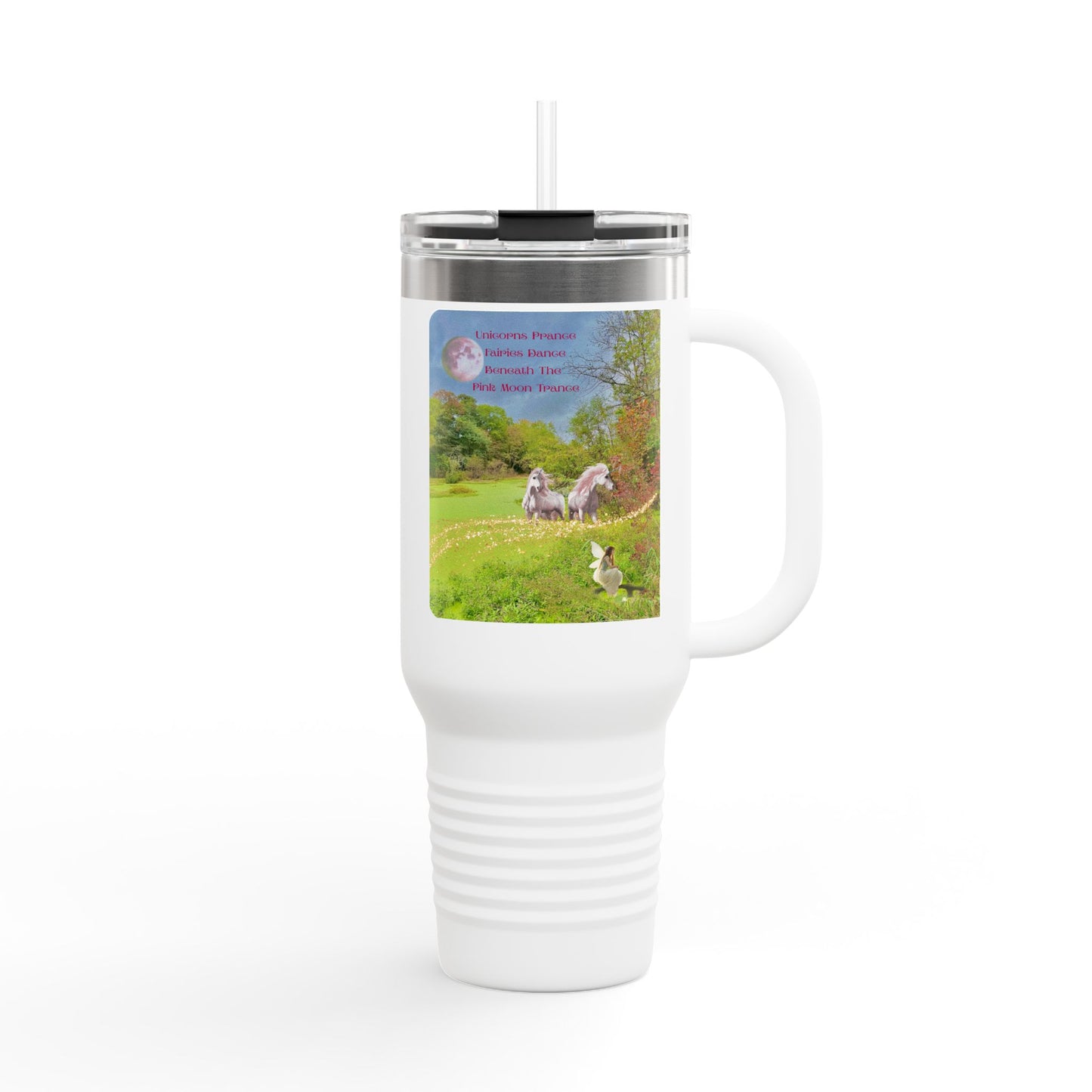 40oz Insulated Travel Mug - Whimsical Unicorn and Fairy Autumn Vibe Nature Scene