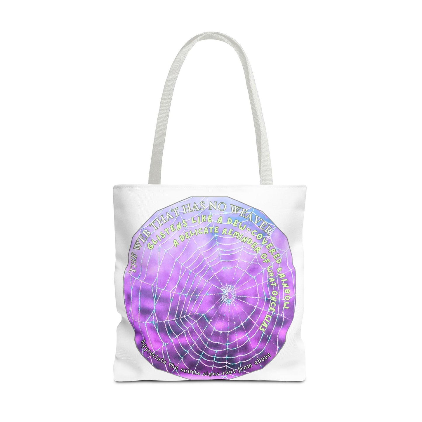 Nature-Themed Tote Bag- Featuring A Glistening Web And Poetry