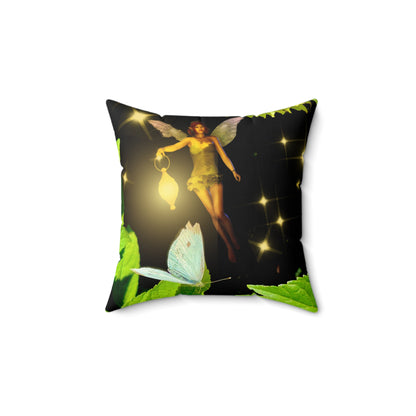 Fairy And Blue Butterfly In A Flower Garden- Square Pillow