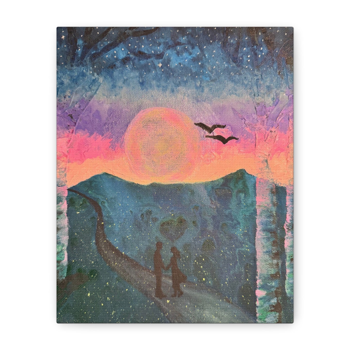Canvas Wall Art - Enchanting Glowing Moon and Stars with Loving Couple and Fireflies Design