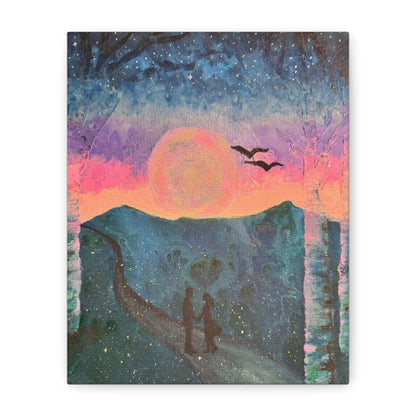 Canvas Wall Art - Enchanting Glowing Moon and Stars with Loving Couple and Fireflies Design