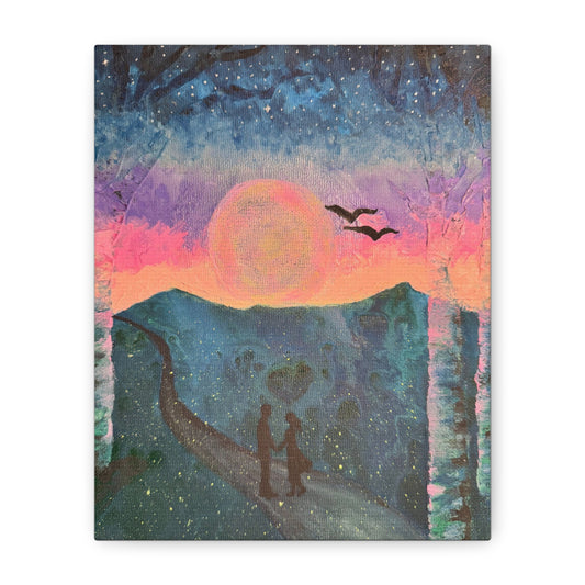 Canvas Wall Art - Enchanting Glowing Moon and Stars with Loving Couple and Fireflies Design