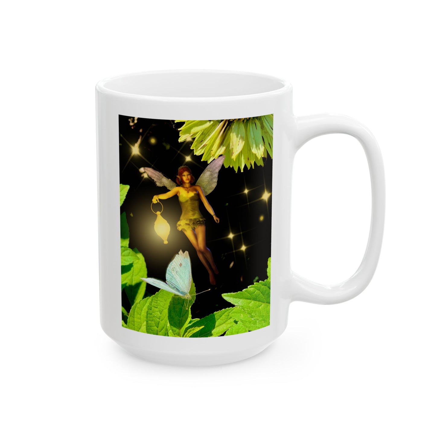 Fairy And Blue Butterfly In A Flower Garden- Ceramic Mug